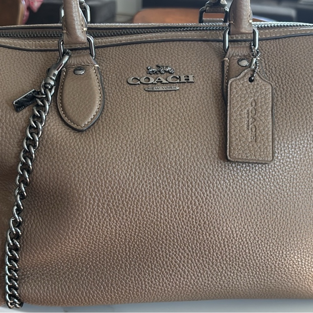 Coach Taupe Pebbled Leather Satchel with Chain Strap